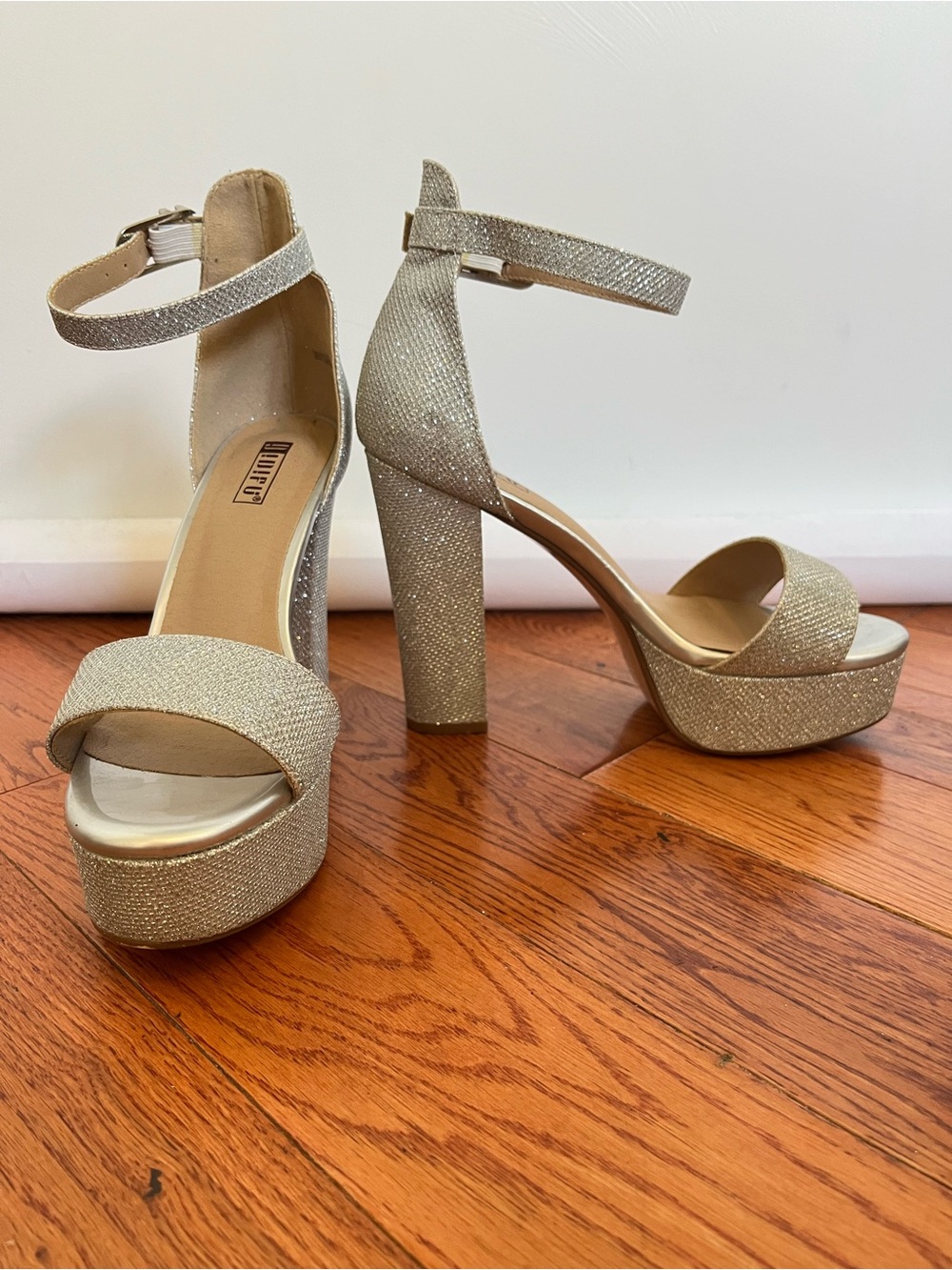 Silver sparkly platform block heels